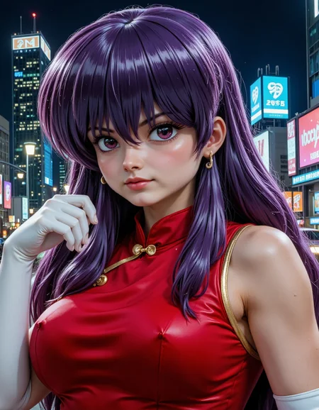 Shampoo_Ranma_Real_Final, Extreme close-up portrait of Shampoo, cropped from upper chest to mid-forearm, set in the high-tech, neon-lit atmosphere of a futuristic cyber city. Her bright purple eyes glisten with a sharp, determined focus, standing out against her smooth, fair skin. Her long, purple hair flows in a cascade of vibrant waves, a few strands illuminated by the glowing city lights. She wears her signature red Chinese-style dress, now with a sleek, modern twist, featuring metallic accents and futuristic patterns. At the edge of the frame, her slender arms, wrapped in high-tech white gloves, are ready for combat. The background reveals towering skyscrapers, glowing holographic ads, and fast-moving vehicles under a dark, starless sky, evoking a sense of both power and danger. [Composition: Tight 85mm lens effect, intensifying Shampoo’s poised readiness against the dynamic, futuristic cityscape.]