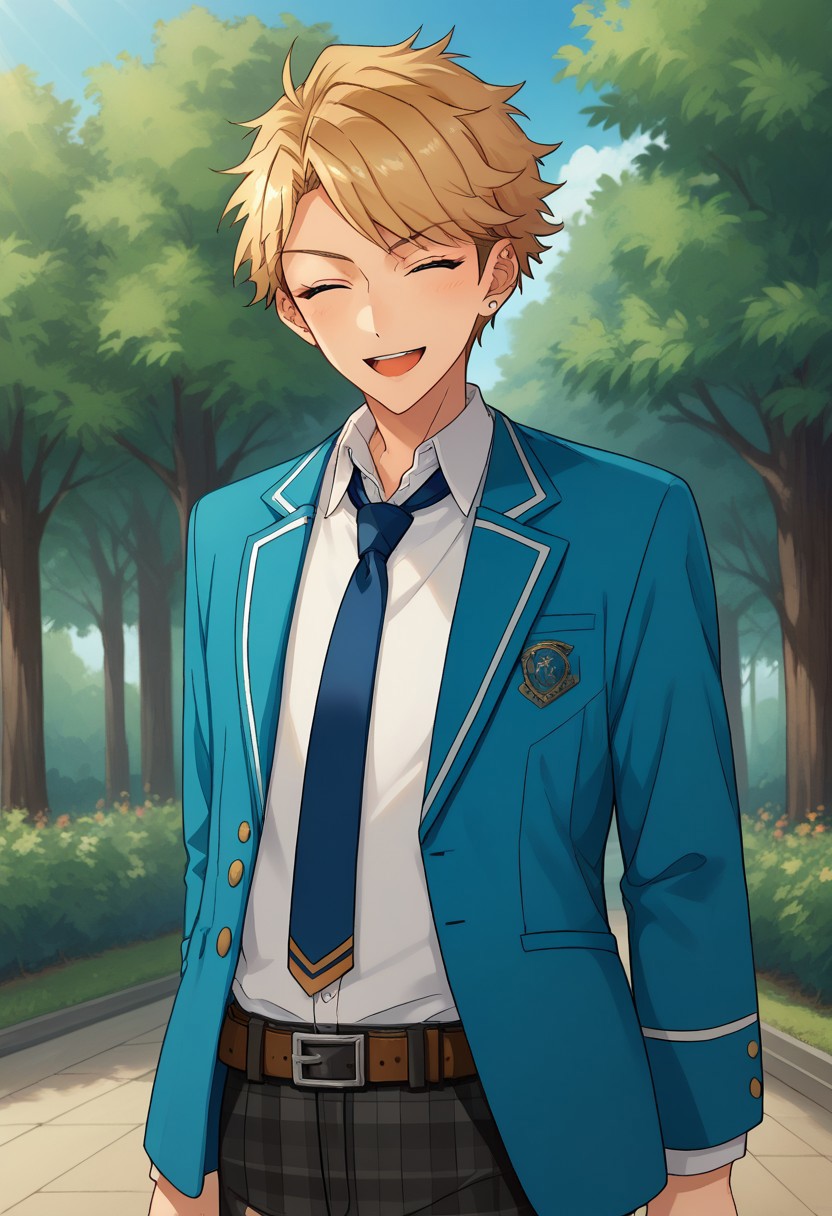 score_9, score_8_up, score_7_up, source_anime, highly detailed, 
narukami, 1boy, male focus, plaid pants, solo, school uniform, necktie, blonde hair, pants, jacket, plaid, blazer, smile, straight-on, looking at viewer, blue necktie,  belt, closed eyes, open mouth, shirt, white shirt, standing, upper body,
outdoor, sky, tree