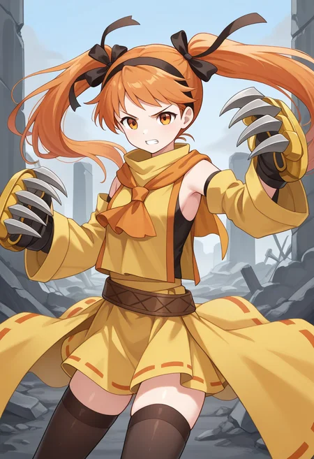 1girl, solo, linalyuri, orange hair, long hair, twintails, hair ribbon, hairband, orange eyes, sleeveless shirt, detached sleeves, tabard, ascot, skirt, waist cape, belt, thighhighs, outdoors, ruins, claw (weapon), fighting stance, serious, clenched teeth, cowboy shot,