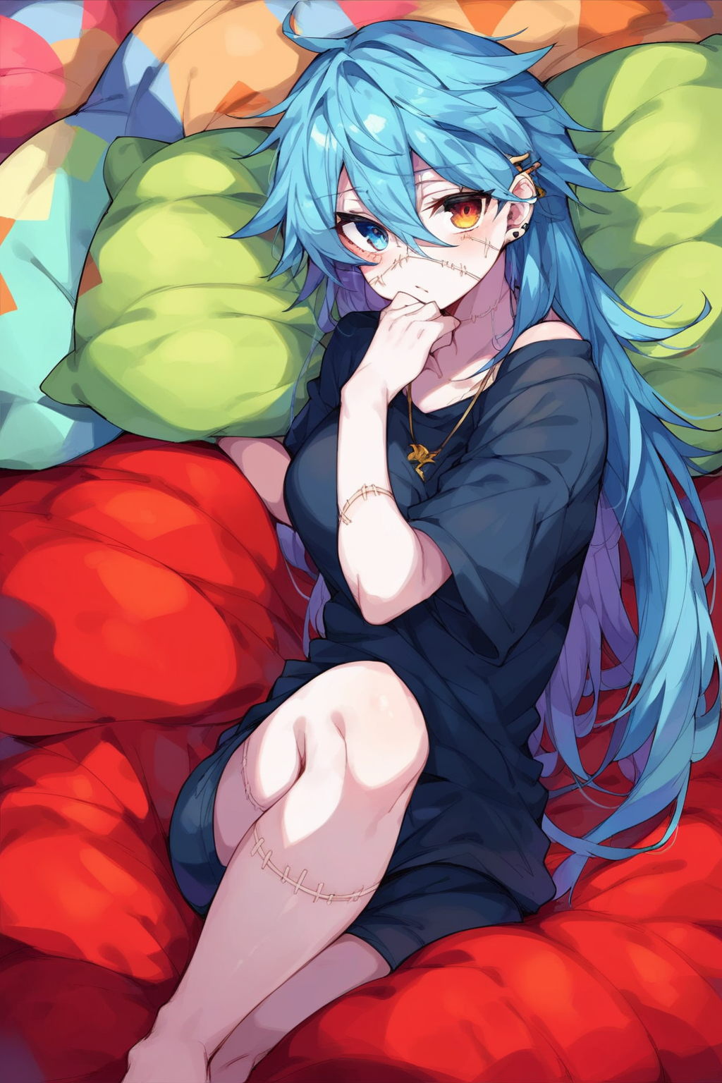 score_9, score_8_up, score_7_up, score_6_up, score_5_up, score_4_up, masterpiece, high quality, BREAK, full body, BREAK,   <lora:Mahito_JJK:0.8> Mahito_JJk, blue hair, stitches, grey skin, long hair, hair between eyes, pale skin, heterochromia,