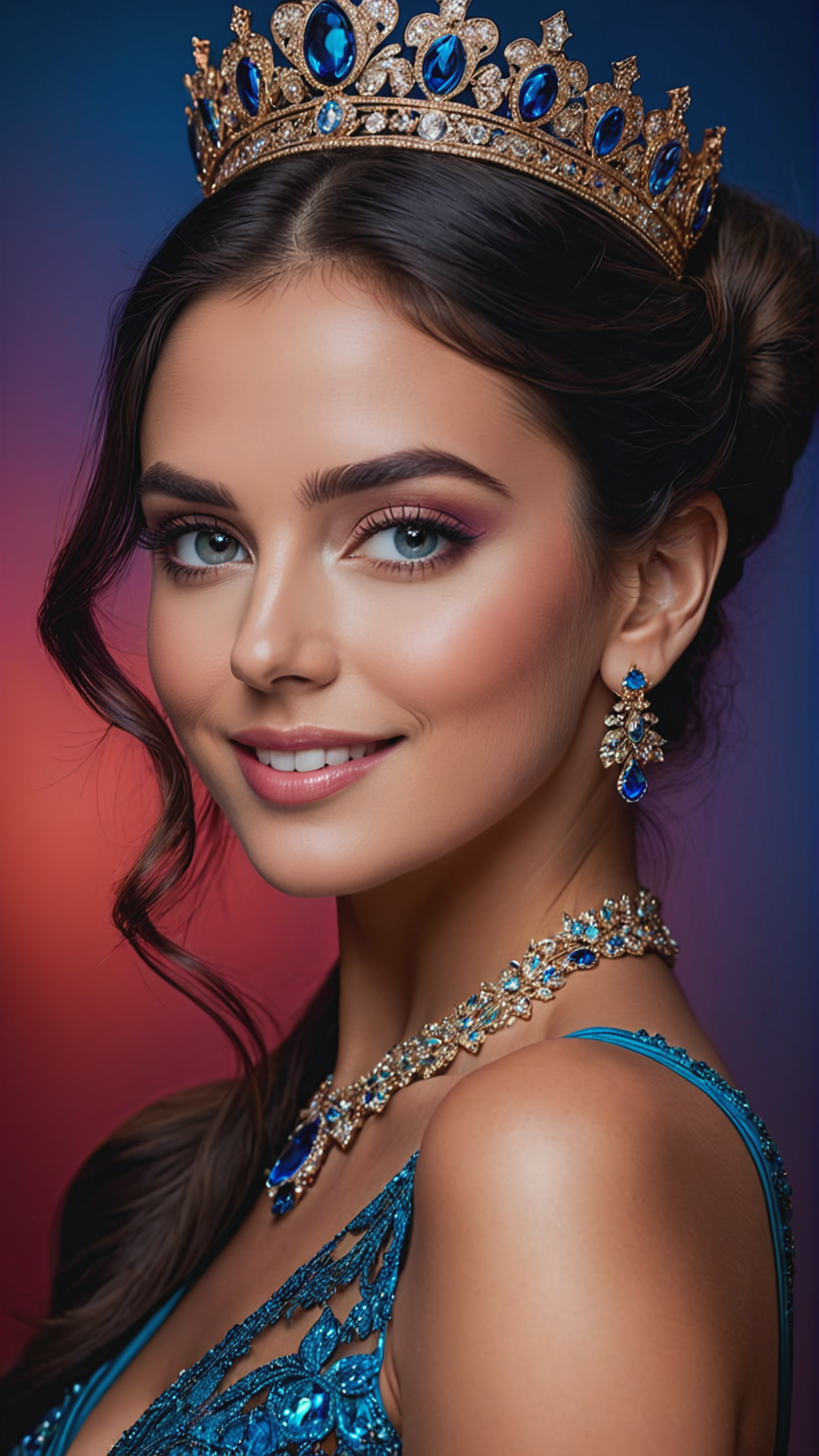 full frame, bupscaler in work, Raw photo of a celebrity woman, masterpiece portraite, detailed pores on the glossy skin, Light smile, symmetric eyes and iris, long black hair, luxury haircut, makeup, manicure, iridescence, jewelry tiara, long night dress, posing for poster, Finger Up Like Gesture, look at cam, realistic, bright red and blue gradient warm lighting, detailed shadows, sharp focus, (fractal:1.4), colorful, depth of field, best quality, 16k resolution, <lora:add-detail-xl:1>, The lighting should be warm and inviting, casting a gentle glow and highlighting the rich colors of its flesh. The background should feature a blurred, out-of-focus to emphasize as the main focus of the image. Use a high-resolution camera with a fast shutter speed to capture every detail and its surroundings.