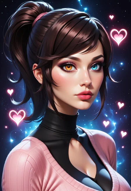 score_9,score_8_up,score_7_up,score_6_up,score_5_up,score_4_up , portrait of a glamorous woman, sultry, swept bangs, brown ponytail, pink sweater, black shirt, cleavage, black yoga pants, heterochromia, starry dark moonlit background, with shiny neon hearts, up close, dark shadows, realistic, long eyelashes