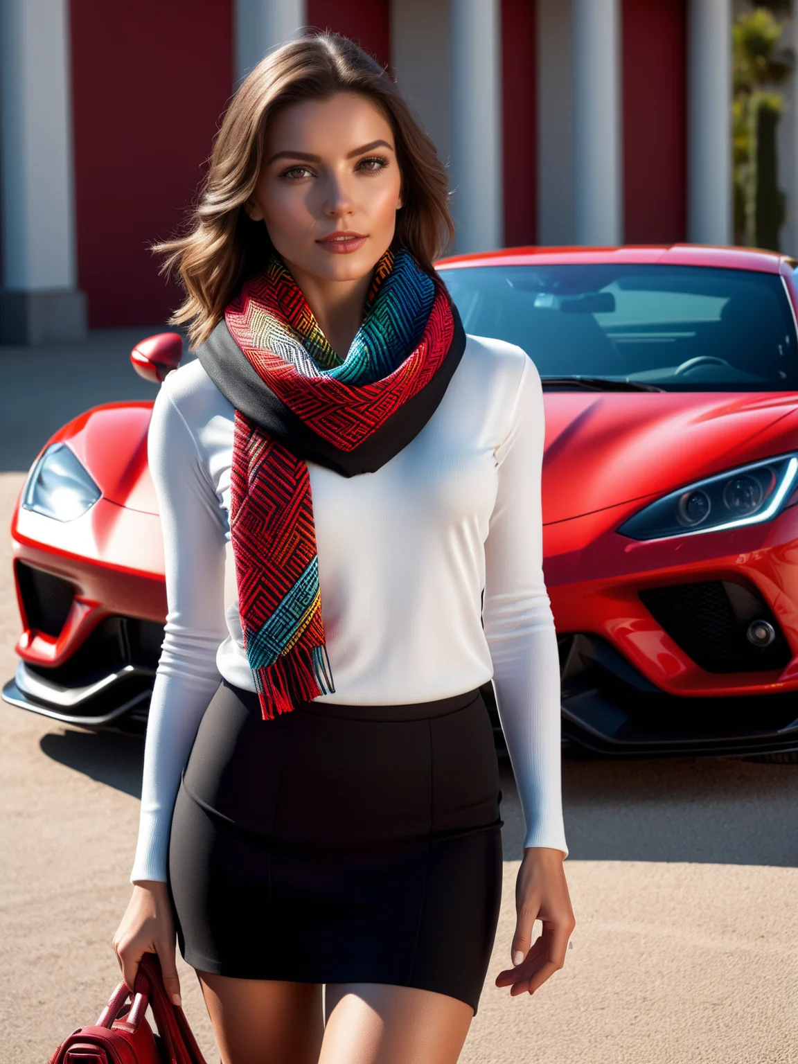 woman wearing a colorful madmze scarf, black skirt and white top in front of a red sports car, dynamic pose <lora:Colorful_Maze_Pattern_SDXL:1>, masterpiece, best quality, ultra high res, (photorealistic, realistic:1.2), deep shadow, raw photo, film grain, Fujifilm XT3, 8k uhd, dslr