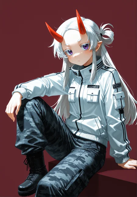masterpiece, best quality, good quality, waterkuma, [quasarcake], rebecca \(keinelove\),
(flat 2d vector style), (minimalist material icon), 1girl, oni horns, white jacket, white pilot jacket, baggy pants, camouflage pants, long_hair, golden hair, white hair, forehead, parted bangs, (hair_rings), long_sleeves, detached sleeves, looking_at_viewer, violet eyes, simple_background, solo, arm_support, white_background, Ay-O, a character portrait, rayonism, (no lineart:1.1), maroon background, knee up, boot, sidelighting, hand_on_own_knee