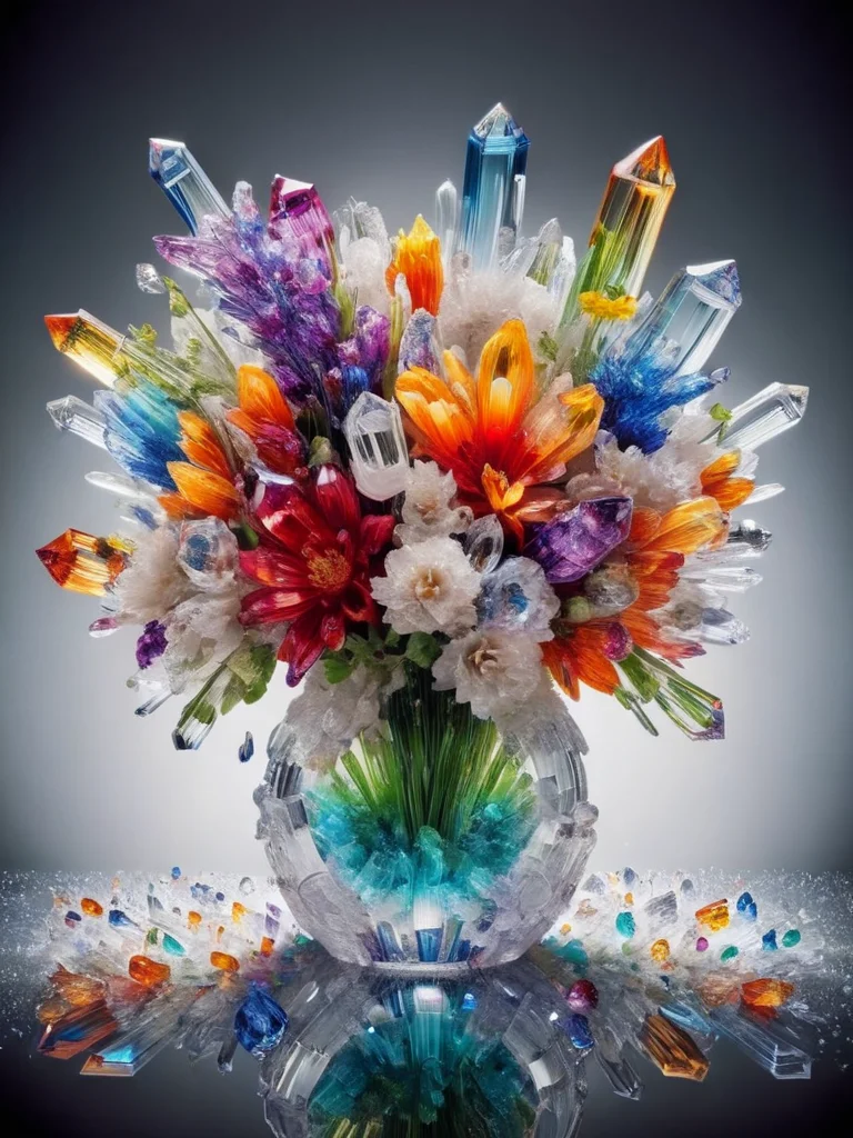 flowers in a vase, multicolor, crystalz <lora:crystalz:1>