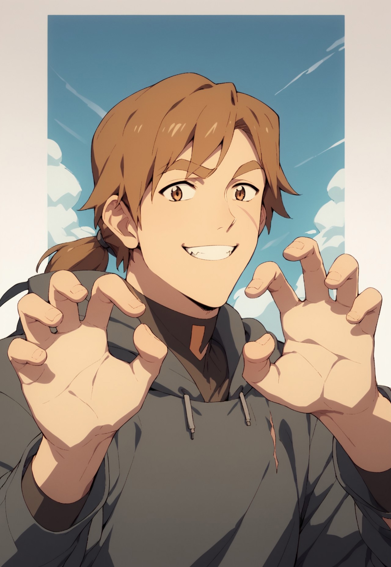 score_9,score_8_up,score_7_up,score_6_up,score_5_up, source_anime, teeth,claw pose, grinning,smile,detailed background, mature, man, male focus, 1boy, blue sky background, Matt Holt, Brown Eyes, Brown Hair, Ponytail, Scar