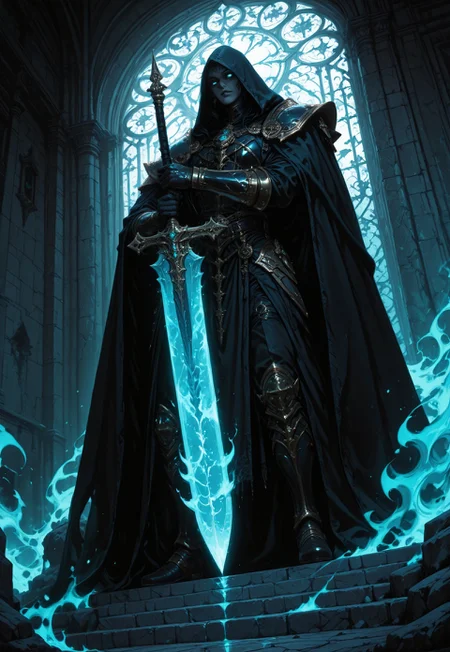 Unfazedfantasii, photorealistic masterwork digital painting, hyper-realistic, low-angle shot, from below, highly detailed, intricate, fractal, and iridescent, perfect hands, blade of cold blue fire, capturing the imposing figure of a towering, hooded lich clad in symmetrical ornate knight armor with a large billowing cape, his piercing two eyes glowing with bright blue fire, he holds a long, elegant, symmetrical flaming great sword with both hands, one hand above the other, its thin blade forged from azure fire that emits an ominous, cold glow, the tip of the blade hits the ground, causing a burst of magic blue fire, the scene is set in an ancient castle's shimmering opulent and luxurious marble grand hall, where magical vapors rise from the ground and swirl lazily throughout the room, dim, atmospheric lighting originates primarily from the glowing great sword and the iridescent magical vapors, casting intricate shadows and enhancing the mysterious, otherworldly aura of the lich, the composition emphasizes dramatic scale and texture, with a focus on the interplay of light and shadow, intricate fractal details of the armor and marble, and an eerie spectral glow that illuminates every facet of the scene, wide cross guard, long grip,
The art style is highly detailed, cinematic, and fantasy-inspired, with a focus on dramatic lighting, soft glows, and a slightly dark, mystical mood.