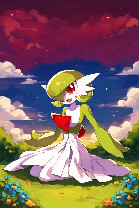 score_9, score_8_up, score_7_up, score_6_up, score_5_up, score_4_up, masterpiece, high quality, BREAK, full body, BREAK, 1girl,   <lora:Gardevoir[Pony]:0.8> Gardevoir, white skin, short hair, red eyes, white dress, pokemon (creature), red crest on chest, green sleeves, shiny,