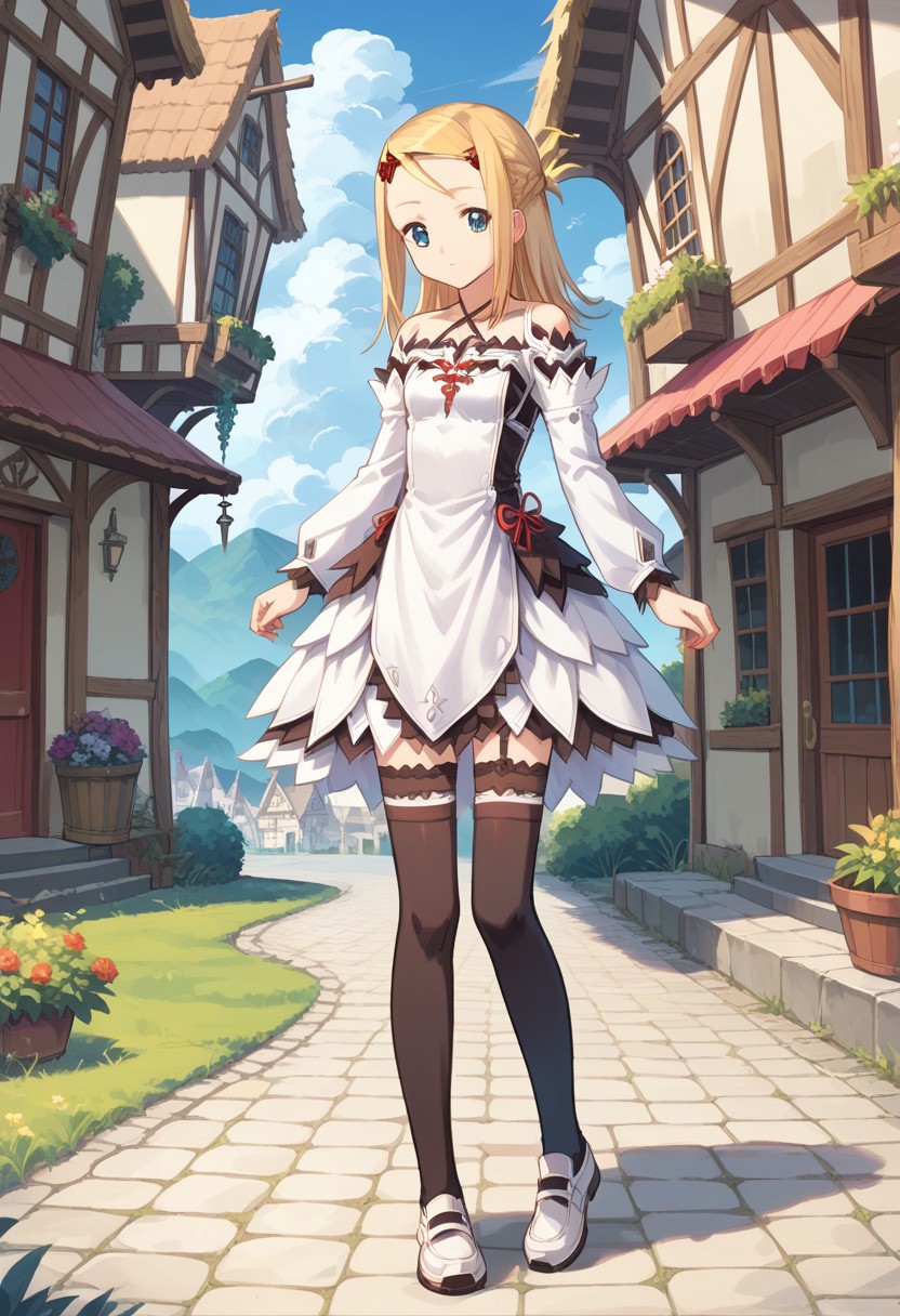 score_8, score_8_up, score_7_up, source_anime, anime screenshot BREAK 1girl, female focus, solo, Murno_SCS, blonde hair, long hair, hair ornament, forehead, halterneck, white dress, detached sleeves, layered sleeves, long sleeves, black skirt, white garter straps, garter straps, black thighhighs, thighhighs, shoes, white shoes, full body, outdoors, fantasy, village, fantasy village background