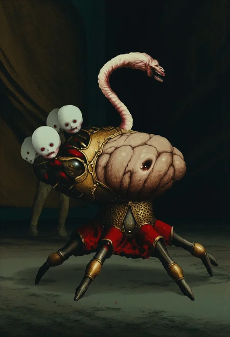 b3rs3rk first person d4concept pov, 3D01S, simple background d4artstyle atmospheric and powerful MikeFranchinastyle dark fantasy, natural organic and first person pov of a berserk style creature
Grotesque pale flesh creature, elongated serpentine neck with razor-sharp teeth, bulbous organic body with humanoid features, pale beige wrinkled skin texture, small stubby limbs, biomechanical horror, dark gothic background, H.R. Giger inspired, hyperrealistic rendering, studio lighting with dramatic shadows, dark surreal atmosphere, photorealistic detail of skin folds and organic textures, body horror concept art natural organic and first person pov of a berserk style creature Disturbing mechanical spider doll hybrid, Victorian porcelain doll heads with vacant expressions, dark steampunk mechanical body, spider-like articulated metal legs, crimson tutu skirt, brass and iron components, weathered metal textures, antique brass finishes, eerie pale doll faces, dark atmospheric background, horror concept art, photorealistic rendering, cinematic lighting, inspired by dark cyberpunk and Victorian gothic horror
dark fantasy concept art by Wayne Barlowe and Zdzisław Beksiń and Mike Franchina UHD letterboxed game trailer frame chromatic aberration dark atmosphere sharp masterpiece with a focus on the character, elden ring style, dark atmosphere, chromatic aberration