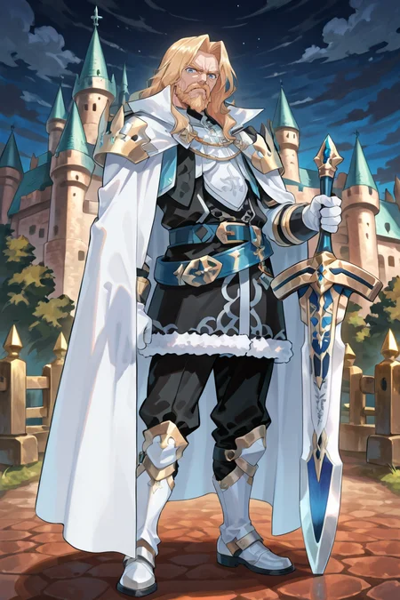<lora:OrdeneIL:0.8> , ordedef, 1boy, blue eyes, blonde hair, long hair, facial hair, mustache, beard, white cape, collared cape, armor, pauldrons, white gloves, fur-trimmed skirt, black skirt, black pants, belt, white boots, white greaves, full body, exterior, castle, night, clouds, serious expression hand on hilt, planted sword, standing old man, wrinkles, looking at viewer, solo, masterpiece, very aesthetic, absurdres, best quality, amazing quality, high resolution, newest, very awa, <lora:illustrious_quality_modifiers_masterpieces_v1:0.8> , <lora:ChamIllustriousBackgroundEnhancer:0.5>, solo,