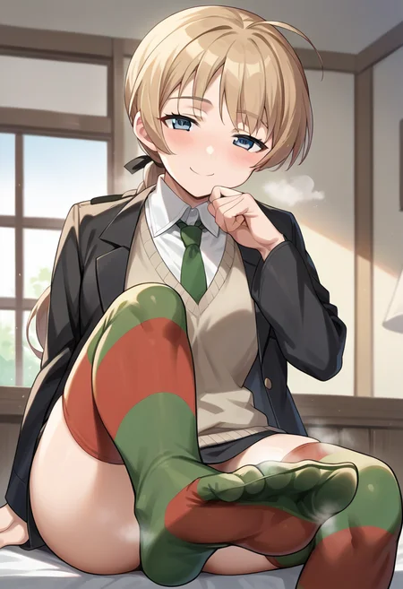 score_9, score_8_up, score_7_up, source_anime, 1girl, masterpiece, ctianly, ochre hair, black jacket, sweater vest, smile, looking at viewer, green necktie, dress shirt, striped thighhighs, sitting, indoors, half closed eyes, blush, feet, foot focus, steam <lora:LynetteBishop_PONY_ct:0.8>