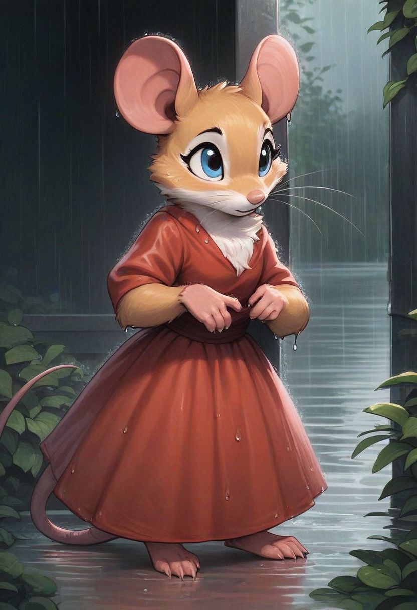 score_9, score_8_up, score_8, solo, fluffy, (feral), toes, furry, (((mouse))), female, blue eyes, yellow fur, chest, claws, (fluffy cheeks:0.7), (red dress), in the style of beatrix potter, standing under shelter, outdoors, ((rain)), (solo:2), side view, wet clothing, wet fur,