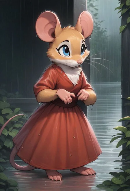 score_9, score_8_up, score_8, solo, fluffy, (feral), toes, furry, (((mouse))), female, blue eyes, yellow fur, chest, claws, (fluffy cheeks:0.7), (red dress), in the style of beatrix potter, standing under shelter, outdoors, ((rain)), (solo:2), side view, wet clothing, wet fur,