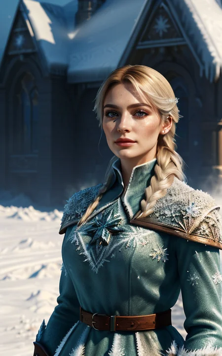(clothed, masterpiece, wide angle, cinematic establishing shot, young adult european woman, highly detailed background:1.2), volumetric lighting, subsurface scattering, dynamic pose, (special effects, color grading, fantasy aura), (Frost Alchemist:1.4), (Medium Covered breasts:0.81), Hoarfrost patterns, alchemical vials, icy breath, frozen potions  OverallDetail HairDetail