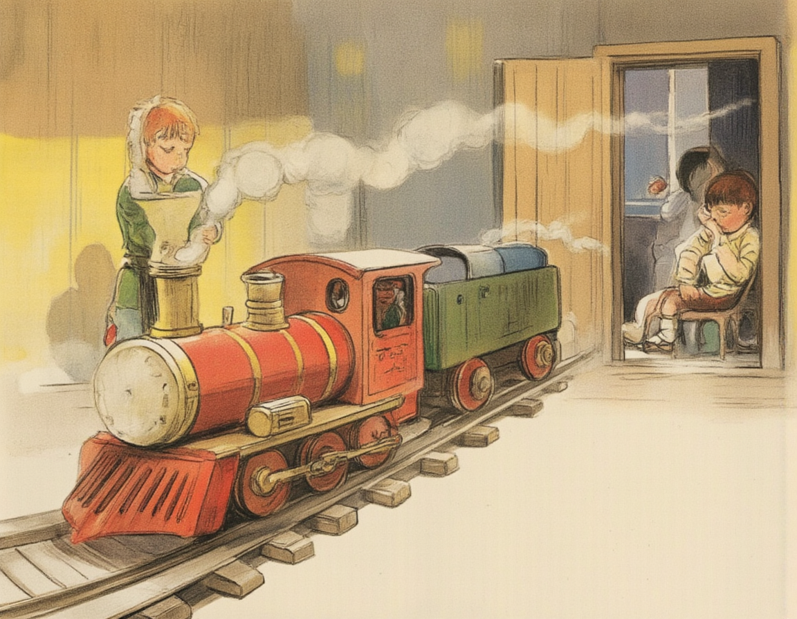 <lora:SUT_NEW:1>, A toy train made of wood running through a cozy room towards a little boy, drawn in the style of Vitaly Suteev â soft lighting, rounded shapes, warm and friendly atmosphere, colorful yet delicate, retro Russian childrenâs book aesthetic