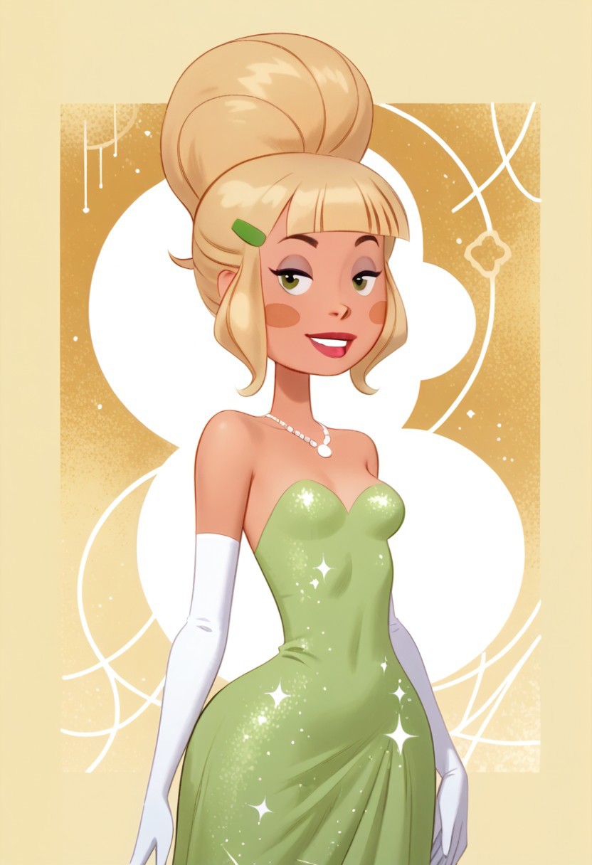 score_9, score_8_up, score_8_up, btimmsketch, (cowboy shot:1.1), 
MissTinkerDress, 1girl, green dress, elbow gloves, blonde hair, blush stickers, hair ornament, white gloves, single hair bun, makeup, hairclip, jewelry, necklace, bare shoulders, strapless, lipstick, small breasts, alternate hairstyle, sidelocks, long dress, 
sexy pose, halftone effect, white borders, abstract background:1.2