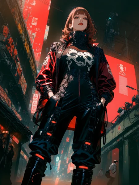 masterpiece,high score,great score,absurdres, a woman in a black outfit and boots standing on a platform with her hands in her pockets and her leg in the air [24],<lora:matr1xg0th :1>,(matr1xg0th, m0tr1xbl0d3r0nn3r, realistic, tech wear, cyberpunk art, afrofuturism, Chizuko Yoshida, Christian Hilfgott Brand, gothic art),a flemish Baroque [4],piercing [1], .