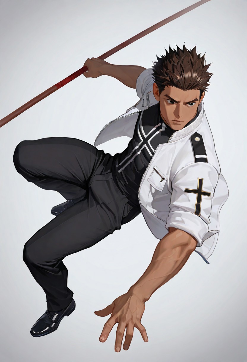 very awa, masterpiece, best quality, absurdres, newest, perfect quality, intricate details, realistic,
solo, male focus, full body, 
brown hair, slicked back hair, spiky hair
brown skin, toned body, lithe body, wide shoulders, 
black eyes, black undershirt with big white cross print,
white polo jacket, rolled up sleeves,, open jacket. black trousers, black dress shoes,
wooden bo staff,
action pose, masculine pose,
plain white background, dynamic lighting, dynamic angle,