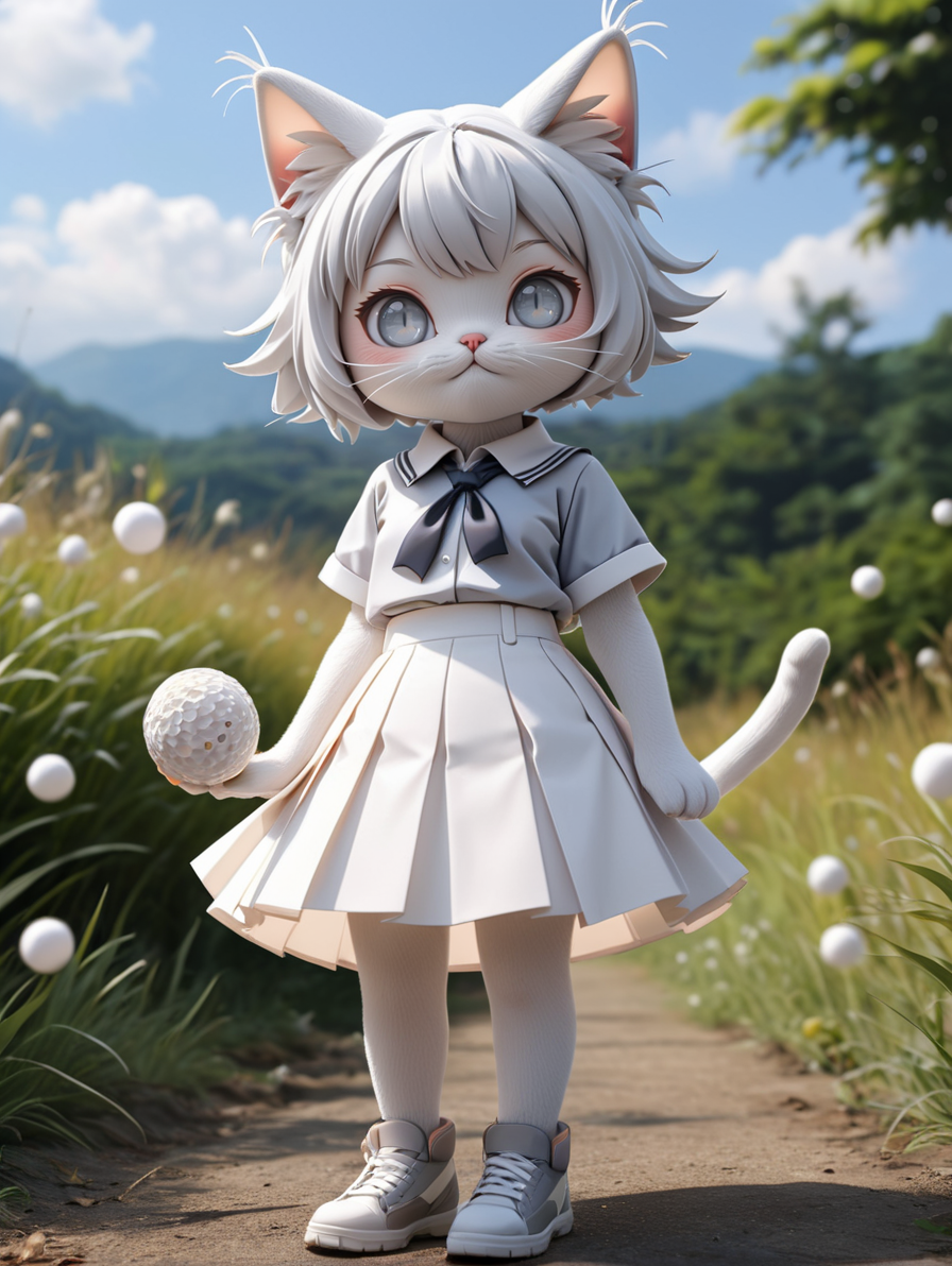 character:ball,(3:1),extremely detailed CG unity 8k wallpaper,(best quality), ((ultra-detailed)),(masterpiece), (high resolution),cute, HuMeow, white paper shirt,((beautiful gray detail eyes)),hair star,white paper detail pleated skirt,short hair,white hair,cat tail, (pleated paper ball on head),(hoing on paper ball),blue sky,[smile face on round wrinkle paper ball on ground],jitome,heavy snowy,grassland,blush stickers <lora:SDXL-HuMeow-LoRA-r8-000003:1>