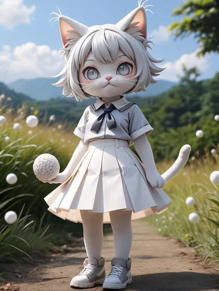 character:ball,(3:1),extremely detailed CG unity 8k wallpaper,(best quality), ((ultra-detailed)),(masterpiece), (high resolution),cute, HuMeow, white paper shirt,((beautiful gray detail eyes)),hair star,white paper detail pleated skirt,short hair,white hair,cat tail, (pleated paper ball on head),(hoing on paper ball),blue sky,[smile face on round wrinkle paper ball on ground],jitome,heavy snowy,grassland,blush stickers <lora:SDXL-HuMeow-LoRA-r8-000003:1>