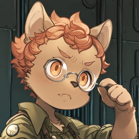BREAK, <lora:Socks_Million_Illustrious_V1:1>, Socks Million, Fuga: Melodies of Steel, kemono, furry male, young male, 1boy, dog boy, cream fur, orange eyes, orange hair, black nose, animal ears, dog ears, pointy ears,
BREAK, Fuga 1 Outfit, suspenders, pins, green button-up, rolled up sleeves, glasses,
BREAK, solo, face focus, close-up, concentrated, frown, looking away, head tilt,