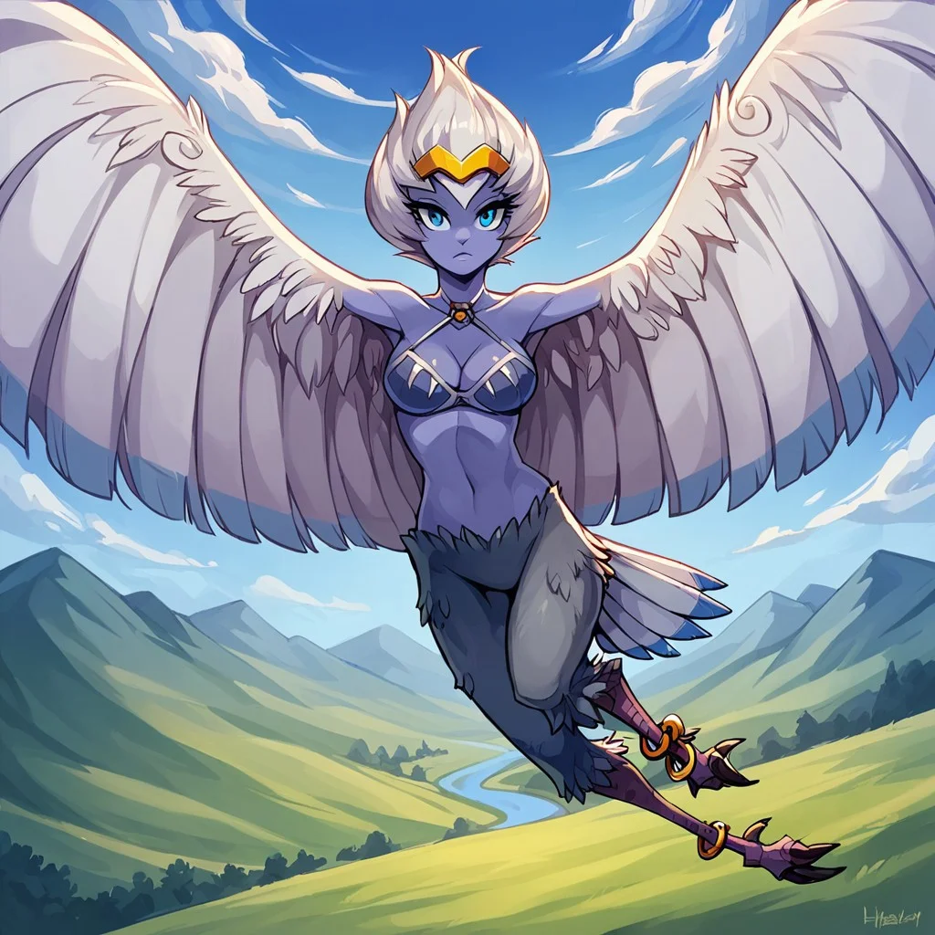 score_9, score_8, score_7, score_7_up, 1girl, breasts, HarpyShan, winged_arms, Blue_skin, White_hair, talons, digitigrade , fur_on_legs, fluffy_fur, anklets, circlet, bottomless, white_blue_bra, leg_feathers, blue_eyes, shiny_skin, detailed_background, looking_at_viewer, sky, flying, in sky, high_up, scenic, mountains, fields, rivers,