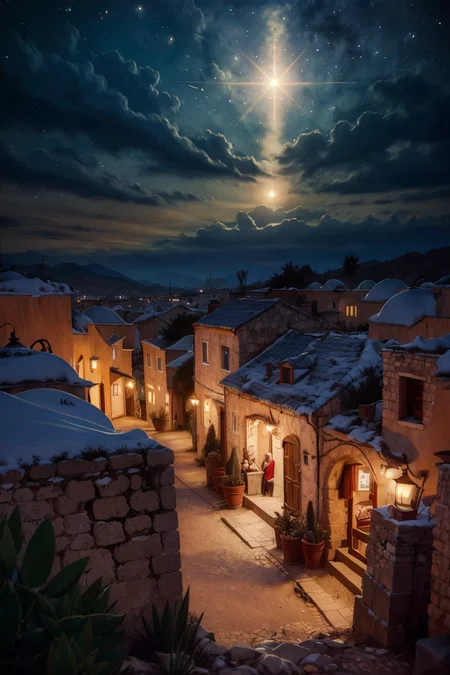 <lora:Merunyaa_Style_Dim32:0.8>, ((masterpiece,best quality)),  <lora:Star_of_Bethlehem:0.8>, Star_of_Bethlehem,  night sky, starry sky, glowing, small village
