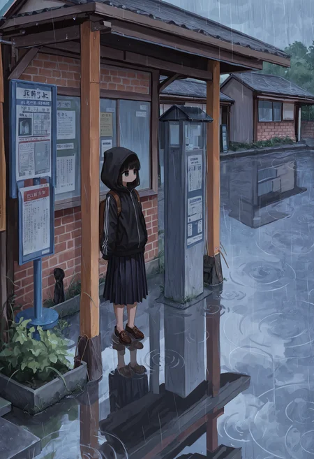 masterpiece, highres, absurdres, newest, very awa, outdoors, rain, very wide shot, 1girl, solo, black eyes, school uniform, black pleated skirt, hooded track jacket, black jacket, hood up, brown footwear, standing, looking afar, bus stop, house, brick wall, puddle, ripples, <lora:spo_sdxl_10ep_4k-data_lora_webui>, <lora:NOOB_EPSv1_1_detailer_by_vlnvk_v1_0>, <lora:noobai_ep11_stabilizer_v0.30_fp16>, <lora:sa1bi_r1>