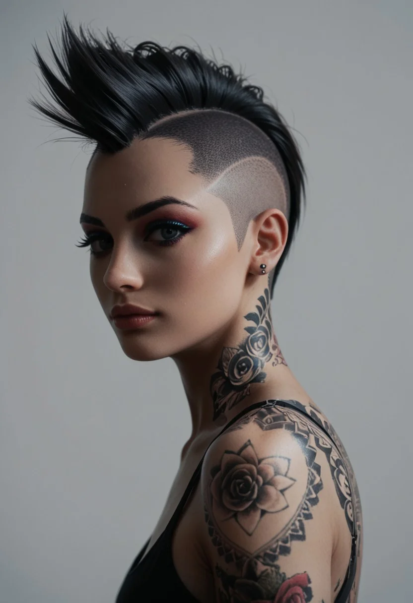 score_9, score_8_up, score_7_up, 1girl,  portrait,
masterpiece, closeup, simple background, gray background, (tattoos), view from side, detailed eyes, looking at viewer, facial tattoo, sidecut,  mohawk,  mascara, eyeshadow, eyeliner