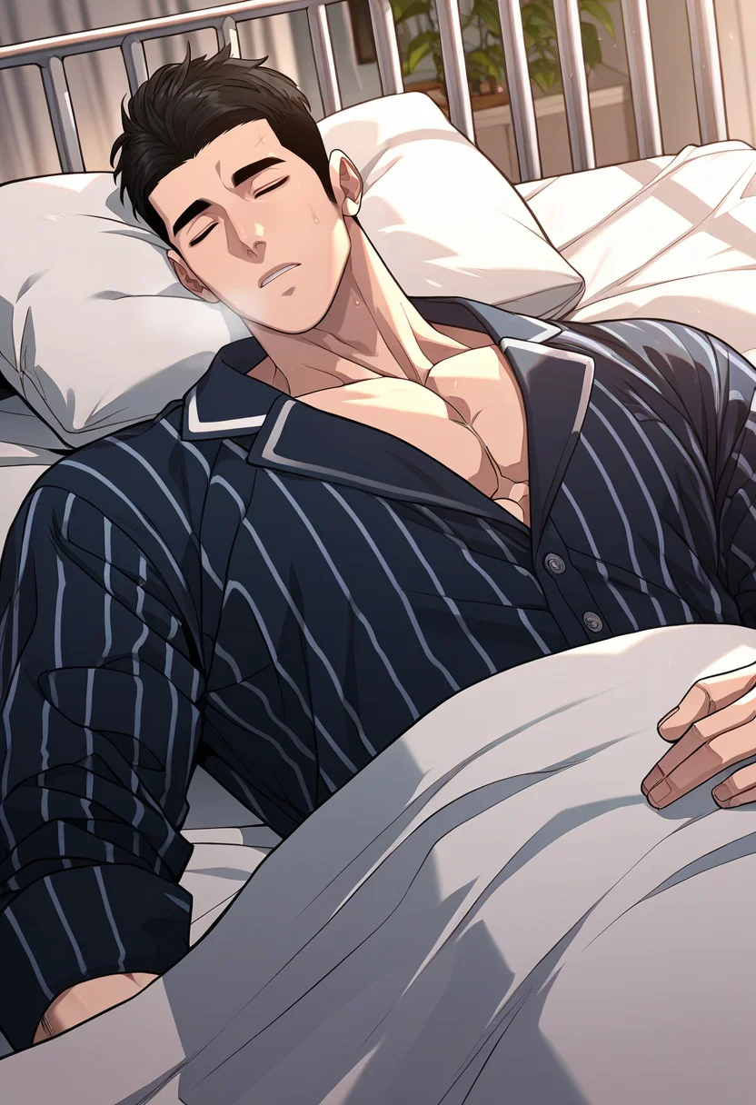 1boy, male focus, solo,
<lora:Character - Questism - Kang Sechan:1> kangsechan, black hair,
,((zPDXL)), score_9_up, score_8_up, score_7_up, score_6_up, score_5_up, score_4_up, best quality, amazing quality, best aesthetic, amazing aesthetic, absurdres, year2023, uncensored, very nsfw, official art, official style,
om bed, hospital bed, hospital,
sleeping, pajama, lying, closed eyes, striped pajamas, heavy breathing, sick, pectoral cleavage, vertical-striped pants, on back, very sweaty,
