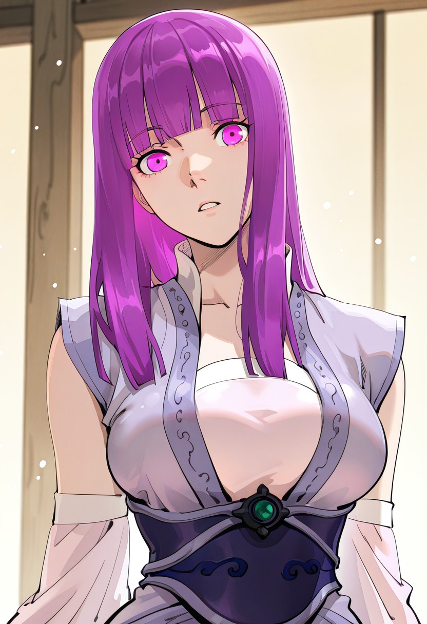 masterpiece,best quality,amazing quality, 1girl,
yeziyun, 1girl, lavender eyes, purple hair, long hair, bangs, blunt bangs, breasts, slender, cute, detached sleeves, sash,
portrait, green pastures, head tilt, looking at viewer, facing viewer, dynamic angle, golden light,snow particles