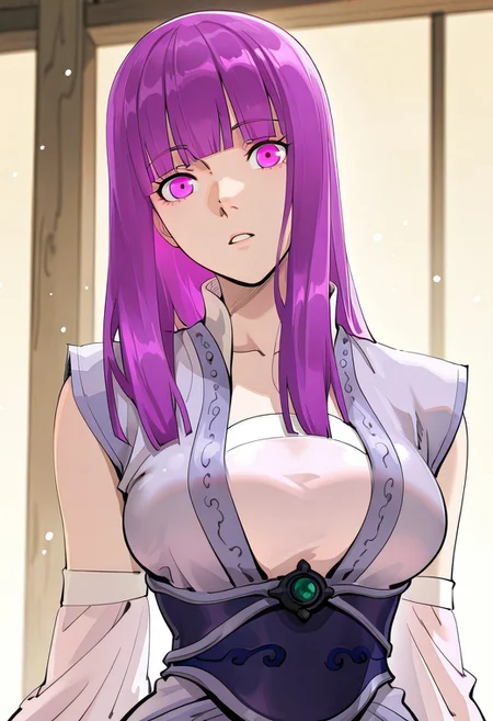 masterpiece,best quality,amazing quality, 1girl,
yeziyun, 1girl, lavender eyes, purple hair, long hair, bangs, blunt bangs, breasts, slender, cute, detached sleeves, sash,
portrait, green pastures, head tilt, looking at viewer, facing viewer, dynamic angle, golden light,snow particles