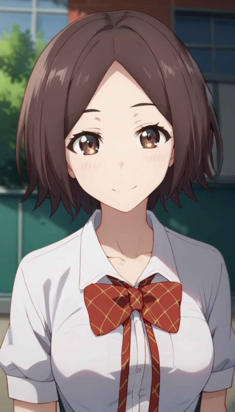 score_9,score_8_up,score_7_up,score_6_up BREAK official art,solo,outdoors,upper body,(portrait:1.5),looking at viewer,facing viewer,smile,blush,Asana Yuuna,brown hair,short hair,parted bangs,forehead,brown eyes,collarbone,school uniform,red bowtie,plaid bowtie,white shirt,collared shirt,short sleeves,medium breasts,skindentation,shirt tucked in,blue skirt,pleated skirt,black socks,loafers,brown footwear,<lora:Asana Yuuna(dhh)-Pony:1.5>,