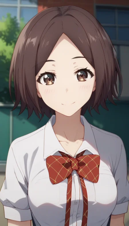 score_9,score_8_up,score_7_up,score_6_up BREAK official art,solo,outdoors,upper body,(portrait:1.5),looking at viewer,facing viewer,smile,blush,Asana Yuuna,brown hair,short hair,parted bangs,forehead,brown eyes,collarbone,school uniform,red bowtie,plaid bowtie,white shirt,collared shirt,short sleeves,medium breasts,skindentation,shirt tucked in,blue skirt,pleated skirt,black socks,loafers,brown footwear,<lora:Asana Yuuna(dhh)-Pony:1.5>,