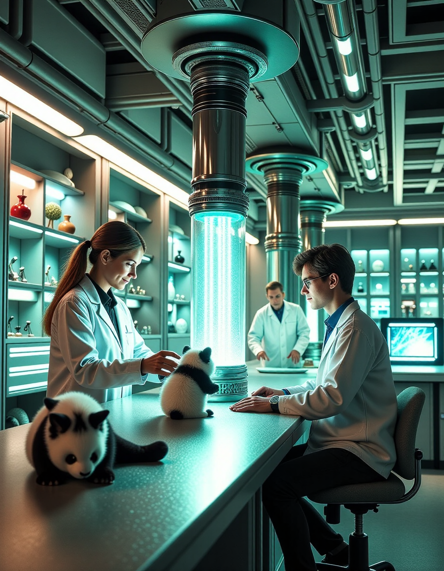 Create a futuristic research lab filled with advanced technology and glowing holographic screens, but add a playful twist with adorable, small animals roaming around. The lab's sleek metallic surfaces are contrasted by soft, furry creaturesâtiny kittens, baby pandas, and fluffy rabbitsâcuriously exploring the equipment. Scientists and engineers smile as they work, occasionally pausing to pet or interact with the animals. Transparent tubes pulse with energy waves connected to a central reactor, while the animals sit beside glowing screens, creating a charming blend of high-tech innovation and cuteness.
 <lora:zhibi_flux:1> zhibi