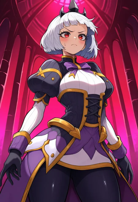 side_light,4k,(masterpiece:1.4),(best quality:1.4),(high resolution:1.4),Ultra HD, HDR,(hyperdetailed),smooth lighting,source_anime,very aesthetic,intricate details,intense,highres,vibrant colors,detailed_shadows,detailed_reflections,high-quality textures,good shading,studio quality,epic lighting,digital illustration,show accurate proportions,long eyelashes,thick eyelashes,perfect hands,perfection,5 fingers,perfectly detailed fingers",""manga eyes,perfect eyes,detailed eyes,beautiful lighting,detailed eyes,perfect eyes,long eyelashes,thick eyelashes,long eyelashes,shiny skin, perfect beautiful face, cute,Big eyes,mature,adult female,18 years old,
Kjorp, bob cut, blunt bangs, red eyes, white hair, puffy short sleeves, tiara, purple bowtie, black corset, sleeve cuffs, white sleeves, black gloves, short over long sleeves, black leggings, high belt, showgirl skirt, purple skirt, white skirt, black skirt, ribbed shirt, gold trim, multicolored skirt,
,angry,blush,sweaty, yotsumi_shiro style,
,small breast,,
blush,on dark castle,