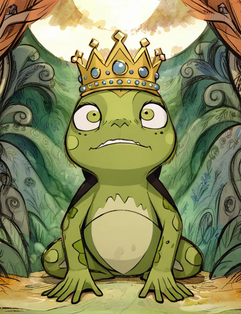 a frog wearing a crown <lora:Cartoon_Saloon_Style_XL_kk:1> cartoon saloon