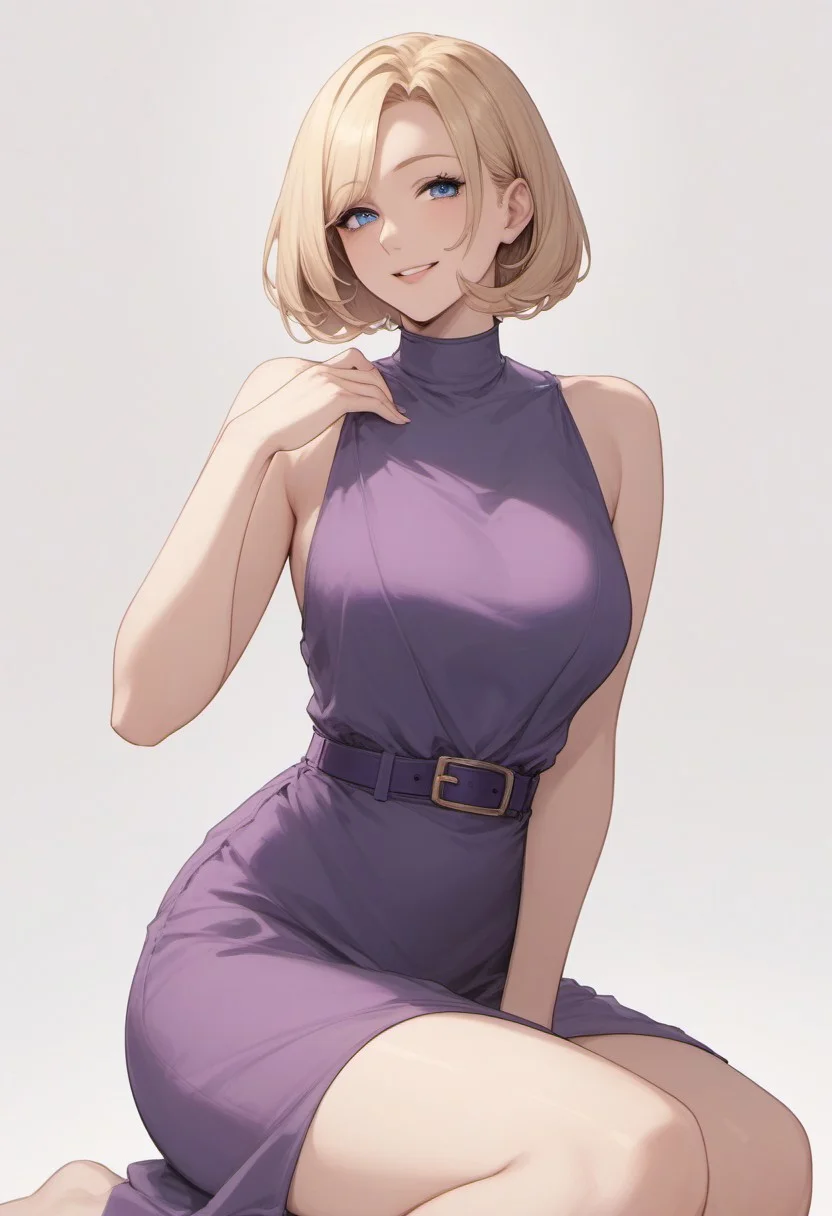 score_9, score_8_up, score_7_up, source_anime,,
gorgeous mature woman, cute, deep blue eyes, mascara, blonde hair bob hair cut
wearing purple nightdress, purple big belt,
colored blank background,
centered view, professional lighting, smiling, sitting pose