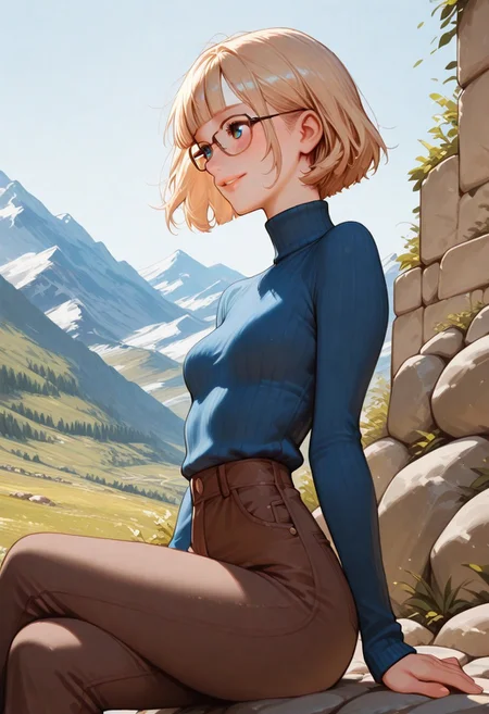 masterpiece, best quality, 32k, high resolution, absurdres, dynamic lighting, HD32k, 1girl, solo, Saly-Free, blonde, eyeglasses, short hair, blue eyes, small breasts, blunt bangs, freckles, slim, blue sweater, turtle neck, brown pants, posing cute, outdoors, parted lips, focus on face, sitting on a stone wall, profile, looking away, crossed legs, aesthetic, detailed, mountain landscape, urban scenario, shy smile