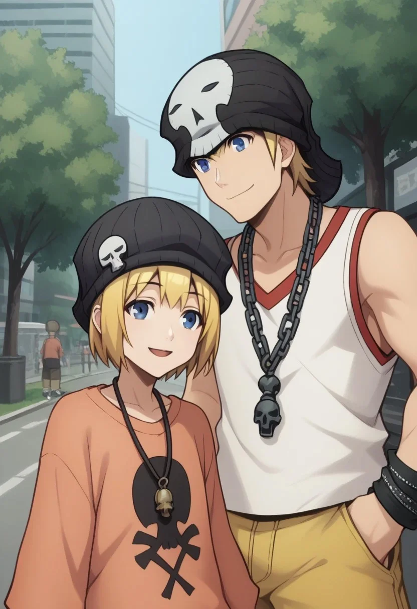 score_9, score_8_up, score_7_up, source_anime, highly detailed, 1boy, 1girl,
raimu, 1girl, blue eyes, blonde hair, hat, smile, open mouth, closed eyes, shirt, black headwear, beanie, long sleeves, short hair, bangs, skull print, orange shirt, sleeves past wrists,
daisuke, 1boy, male focus, blonde hair, blue eyes, hat, beanie, jewelry, bracelet, chain necklace, tank top, yellow shorts, chain, smile, closed mouth,
outdoor, street, tree, smile, posing for a photo, siblings, brother and sister, upper body,