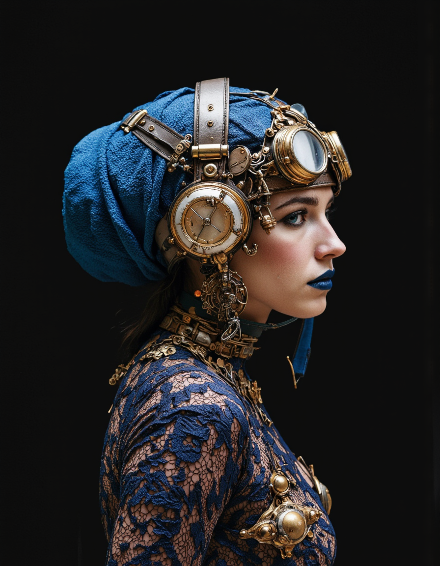Steampunk art. A photo-realistic portrait shoot from a profile camera angle about a steampunk-inspired portrait of a woman wearing a helmet and goggles, adorned with intricate mechanical details and a blue headscarf. the image also shows a dark background. on the middle of the image, a woman appears to be in her early twenties, with light skin, blue eyes, and a slender physique. she is facing the viewer, looking directly at the camera with a neutral expression. her hair is styled in a bun, and she is wearing a lace bodysuit with intricate patterns and a pair of earrings. her lips are painted with dark blue lipstick, and her face is adorned with mechanical elements such as goggles and gears. the woman's eyes are blue and her expression is neutral. the overall aesthetic is reminiscent of steampunk, with a focus on intricate details and mechanical elements.