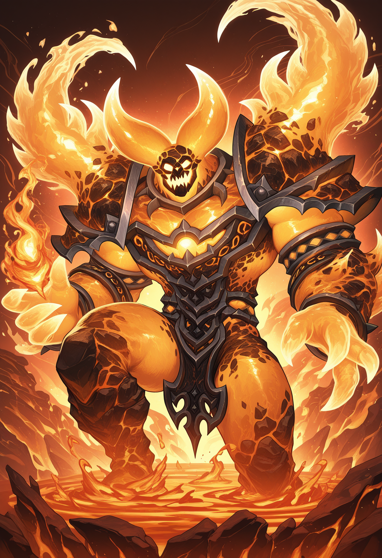 solo, 1boy, male focus, muscular, broad shoulders, thick thighs, r4gn4r0s, lava, fire, monster, horns, looking at viewer, abstract background, shoulder armor, multicolored background, particles, using magic, dynamic pose,

perfect anatomy, masterpiece, perfect quality, best quality, detailed, newest, very aesthetic   