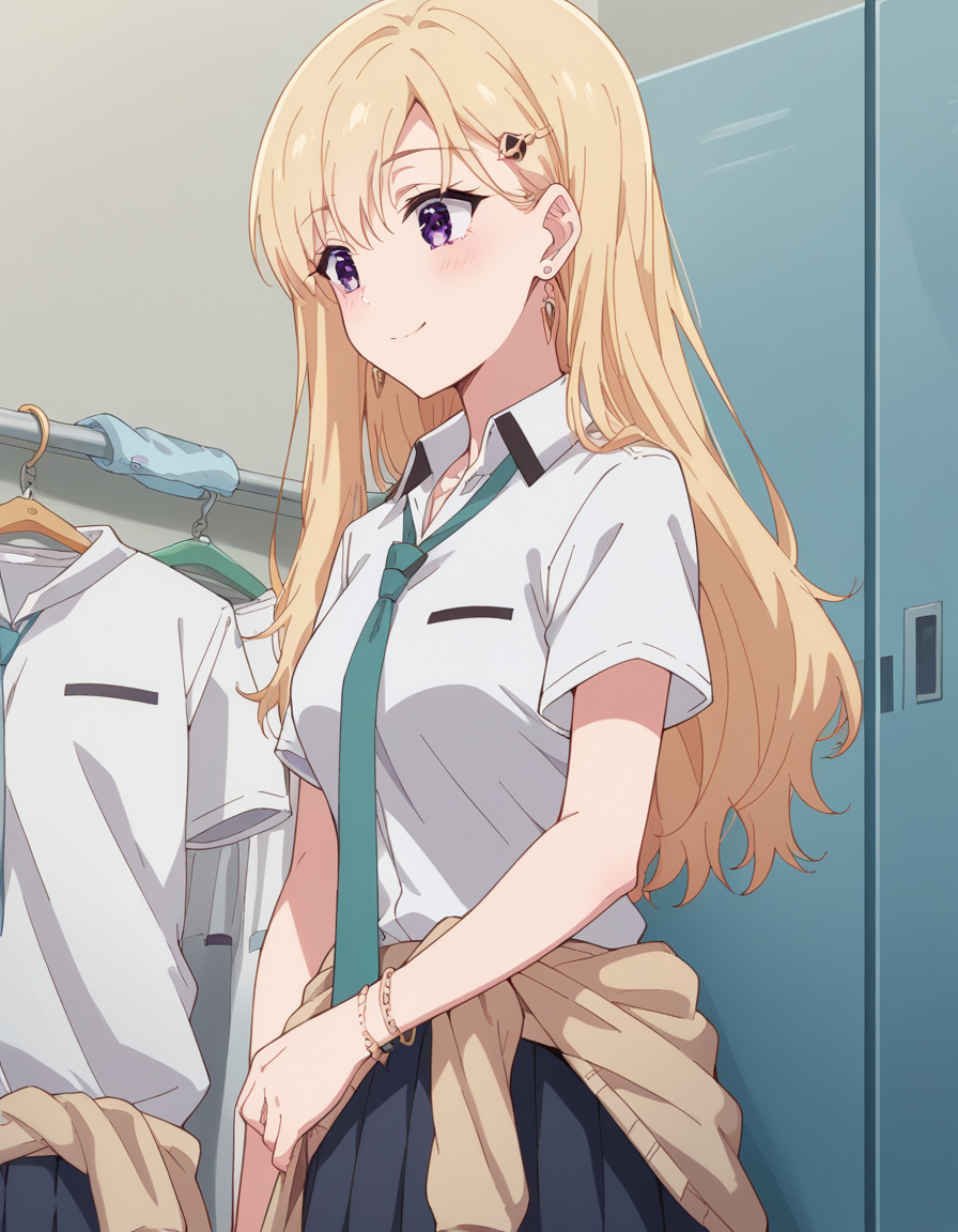 score_9, score_8_up, score_7_up, source_anime, <lora:saki-ayase-s1-ponyxl-lora-nochekaiser:1>, saki ayase, long hair, bangs, blonde hair, purple eyes, hairclip, medium breasts,, skirt, shirt, jewelry, school uniform, white shirt, short sleeves, pleated skirt, earrings, necktie, bracelet, clothes around waist, laundry day, clothesline, drying clothes, domestic life, fresh air, blue sky, smile, , hand on stomach, blush,, solo,, cowboy shot, dutch angle