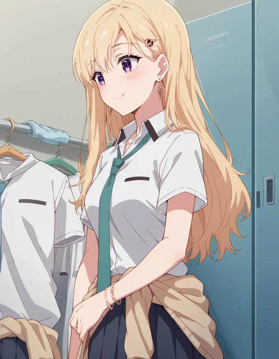 score_9, score_8_up, score_7_up, source_anime, <lora:saki-ayase-s1-ponyxl-lora-nochekaiser:1>, saki ayase, long hair, bangs, blonde hair, purple eyes, hairclip, medium breasts,, skirt, shirt, jewelry, school uniform, white shirt, short sleeves, pleated skirt, earrings, necktie, bracelet, clothes around waist, laundry day, clothesline, drying clothes, domestic life, fresh air, blue sky, smile, , hand on stomach, blush,, solo,, cowboy shot, dutch angle