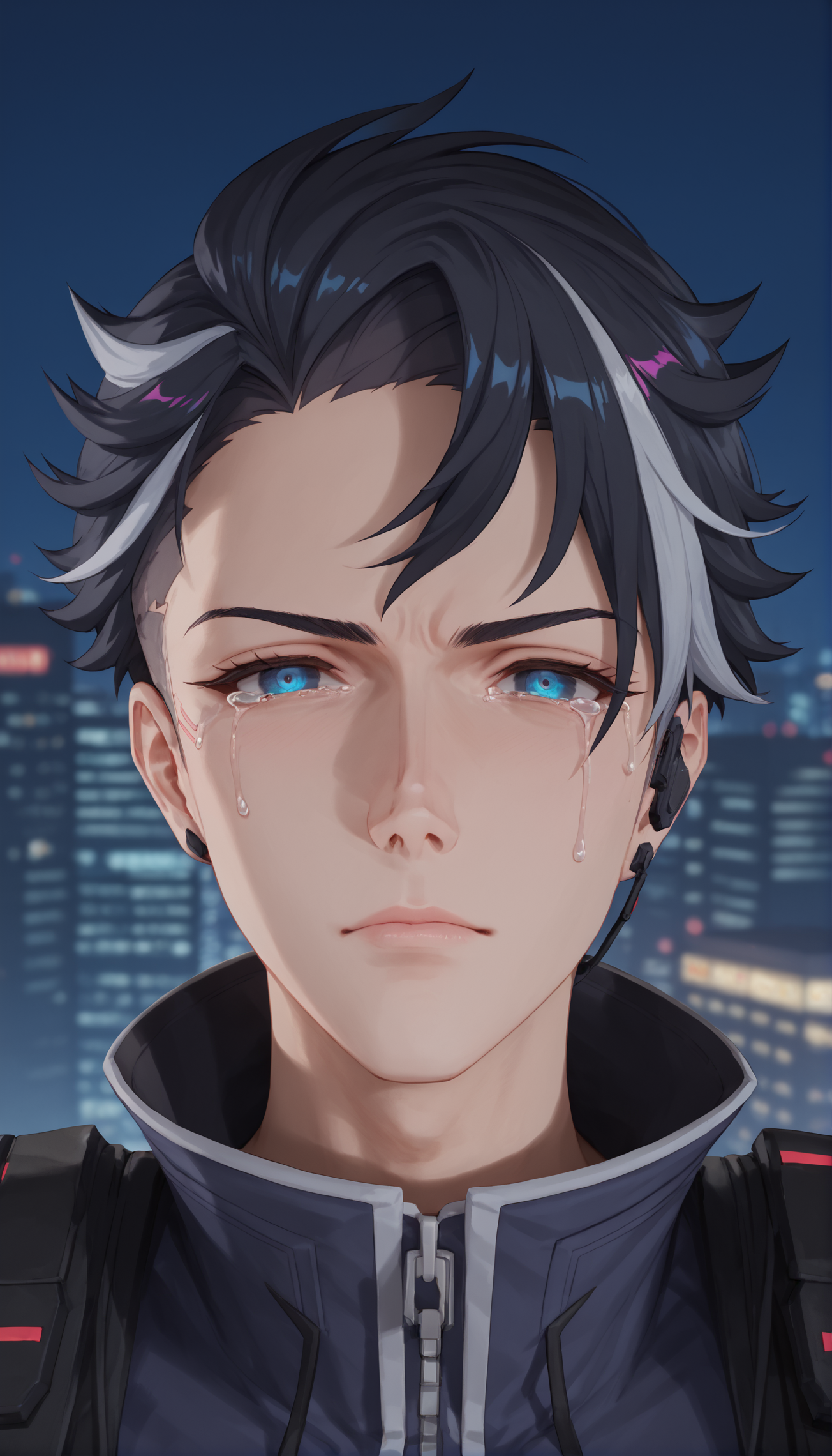 score_9, score_8_up, score_7_up, source_anime, rating_explicit, depth of field, night, cyberpunk, cityscape, 
((portrait, close-up, crying with eyes open,  ))
jingfulaiou,  1boy, black hair, streaked hair, blue eyes,  
,,,,,, <lora:add-detail-xl:1>,<lora:age_slider_v4:1>,<lora:è¸èæ§å¶:2>,<lora:jingfulaiou-000008:0.8>