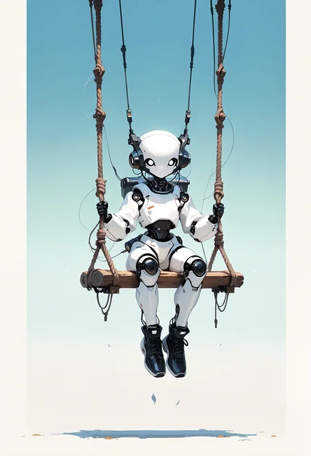 masterpiece, best quality, good quality, very awa, newest, highres, absurdres, no lineart, no outline, solo, looking at viewer, sitting, outdoors, sky, shoes, black footwear, gradient background, no humans, blue background, robot, rope, white eyes, non-humanoid robot, humanoid robot, swing, hanging, wood, rust, (monochrome, negative space), white background, white theme, painterly, fine art, hiz_ai, in the style of cknc, wat,