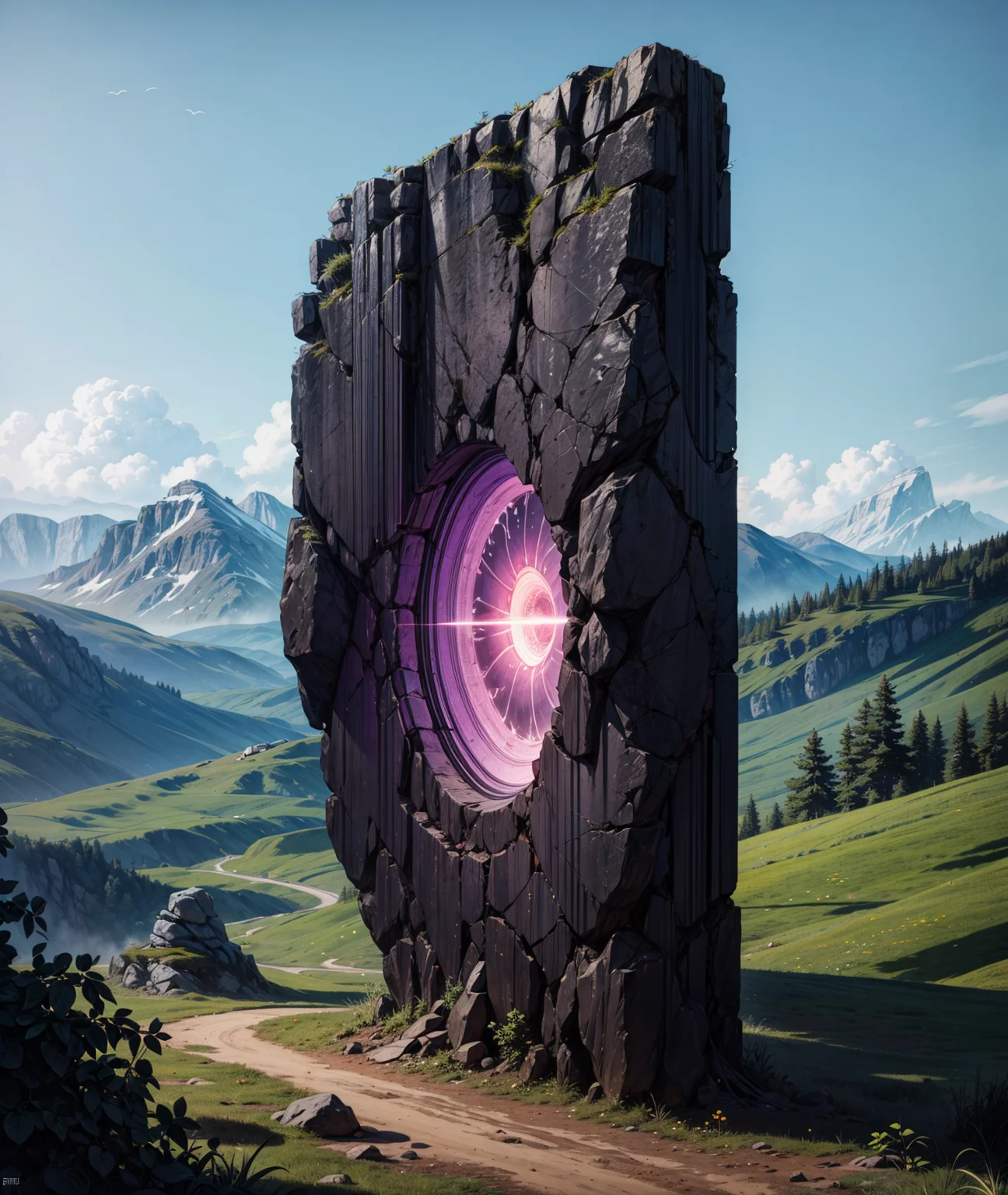 ultra-detailed graphic novels illustration, comics style, fine outline,
epic fantasy landscape scenery wilderness,
vibrant colors, bright warm sunlight, summer day,
two colossal tall black stone monolith on the horizon,
purple glowing portal in monolith,
BREAK,
MASTERPIECE, BEST QUALITY, HIGHLY-DETAILED, INTRICATE DETAILS,
HIGH-RES, 4K, SHARP FOCUS, SMOOTH SHADING,
<lora:detail tweaker 90 CA 15:1.2>, <lora:noiseOffset v2 epi 15:1>,