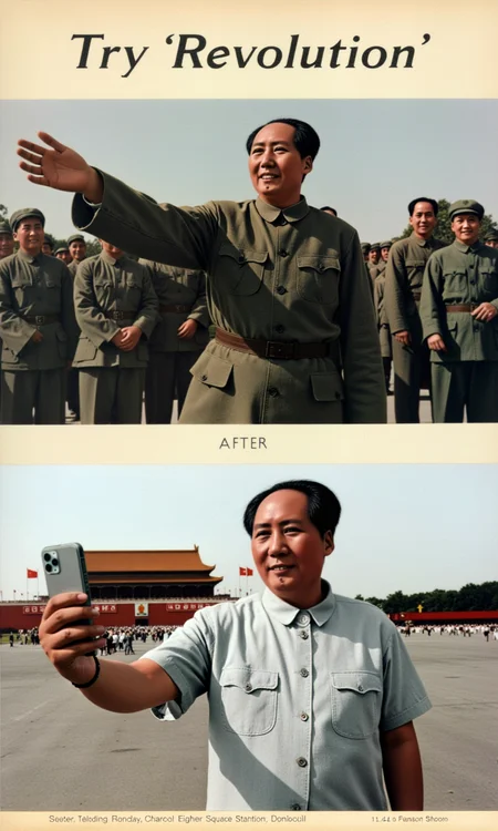 Top Atmosphere Photography Works, extremely realistic, film texture,
﻿
masterpiece, best quality, photorealistic, (Extremely realistic, top quality, official art, beautiful and aesthetic:1.2), 4k, 8k, very rich details, 

vintage 'before & after' ad. The headline reads "[Try Revolution]" in bold typography. The ad features a dramatic before-and-after comparison. The "BEFORE" image shows [Mao Zedong in his youth, dressed in tattered military uniform, waved his hand forward with great momentum in 1948]. In the "AFTER" image, is [Chairman Mao is wearing a T-shirt and taking a selfie with his phone at Tiananmen Square in Beijing in 2025].

natural contrast, dramatic lighting,
Natural visual contrast, perfect prompts,
cinematic film style, special effects, VFX, award-winning picture, highly detailed, ultra-high resolutions, 32K UHD, sharp focus,
﻿
(photorealistic:1.5), (Extremely realistic, masterpiece, top quality, official art, best quality, beautiful and aesthetic:1.2), 4k, 8k, 
very rich details, 