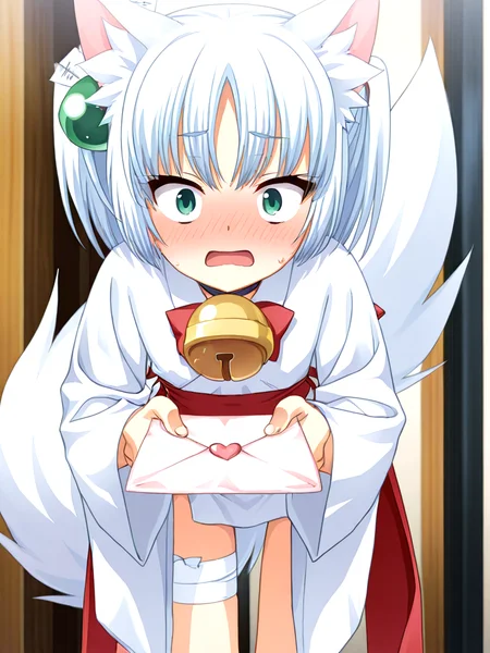 <lora:il-ruri-tenshin-rurikami-000009>,il-ruri-tenshin,1girl,rurikami outfit,silver hair,solo,japanese clothes,short hair,side hair ornament is feathers tied on green spherical,miko,animal ears,green eyes,white wrap-style japanese clothes with visible skin,neck bell chocker,oversized white kimono sleeves,waist bowtie removed,(red tabi with large golden bell cloth end),exposed thighs,white bandages around the thighs,short white fudonshi,short white fudonshi,fluffy tail,black sole geta with white socks,
masterpiece,best quality,newest,absurdres,highres,detailed eyes,beautiful,detailed background,perfect eyes,anime coloring,anime screencap,
<lora:add-detail-xl:1>,<lora:ponyv4_noob1_2_adamW-000017:0.8>,wear clothes,
1girl,solo,
<lora:incoming_letter_ilxl:1>,incoming letter,hand holding love letter,leaning forward,give you love letter,blush,cowboy shot,
faceless man hand catch letter,
looking at viewer,surprised,leaning forward,embarrassed,